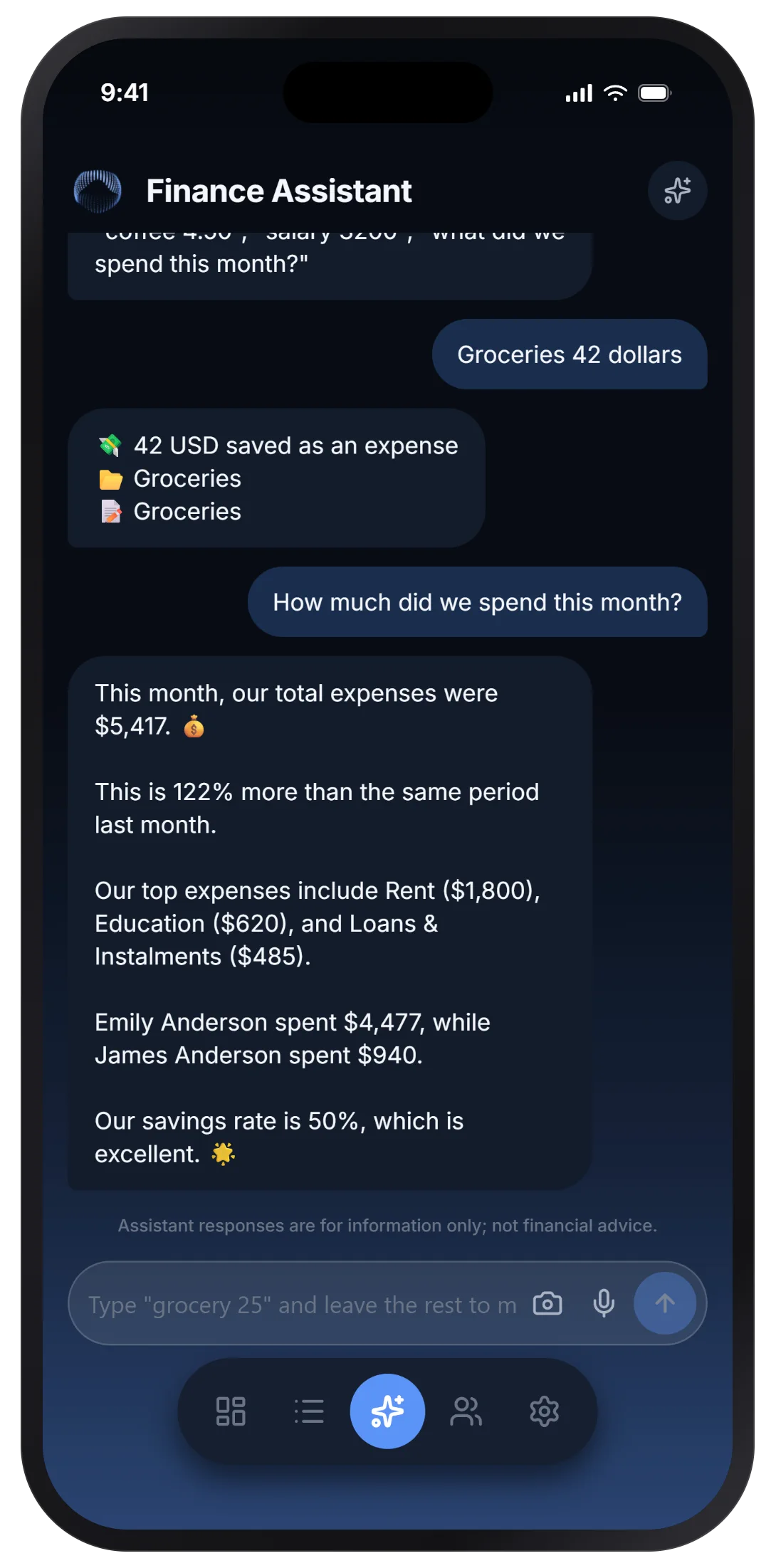 Hano AI assistant chat screen — logging an expense by typing