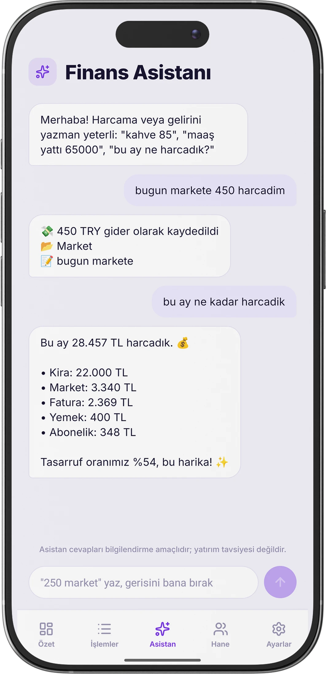 Hano yapay zekâ asistanı sohbet ekranı — yazarak harcama kaydı