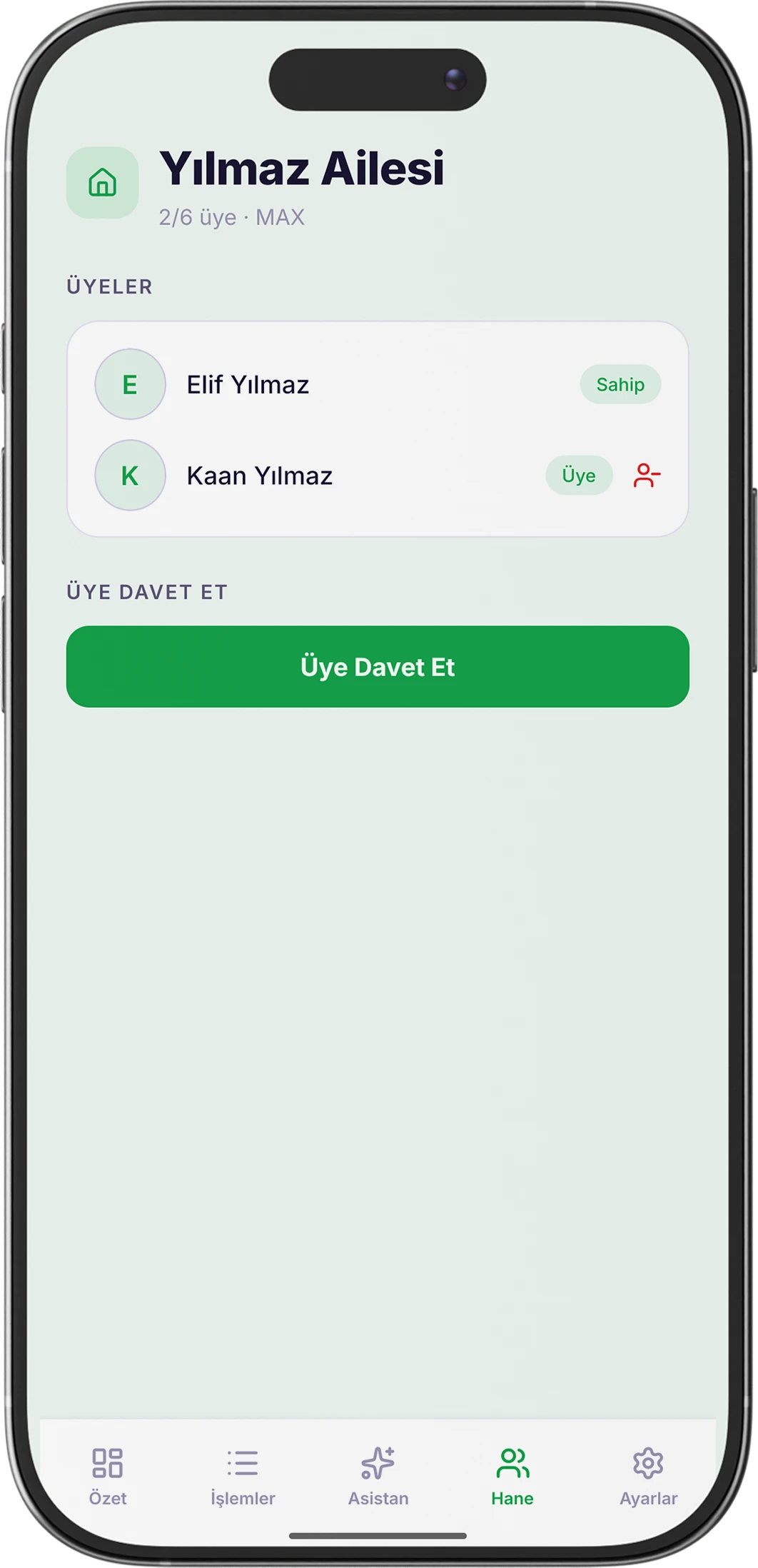 Hano hane ekranı — aile üyeleriyle ortak bütçe paylaşımı