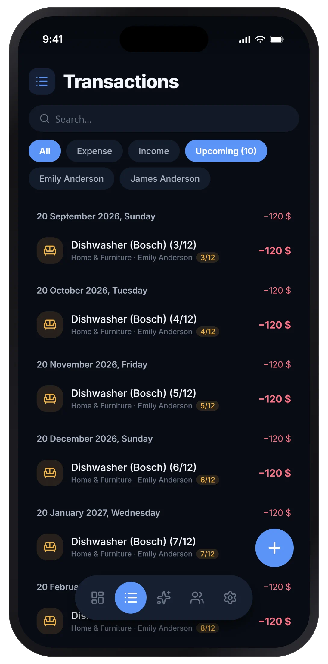Hano transactions screen — income, expenses and installments