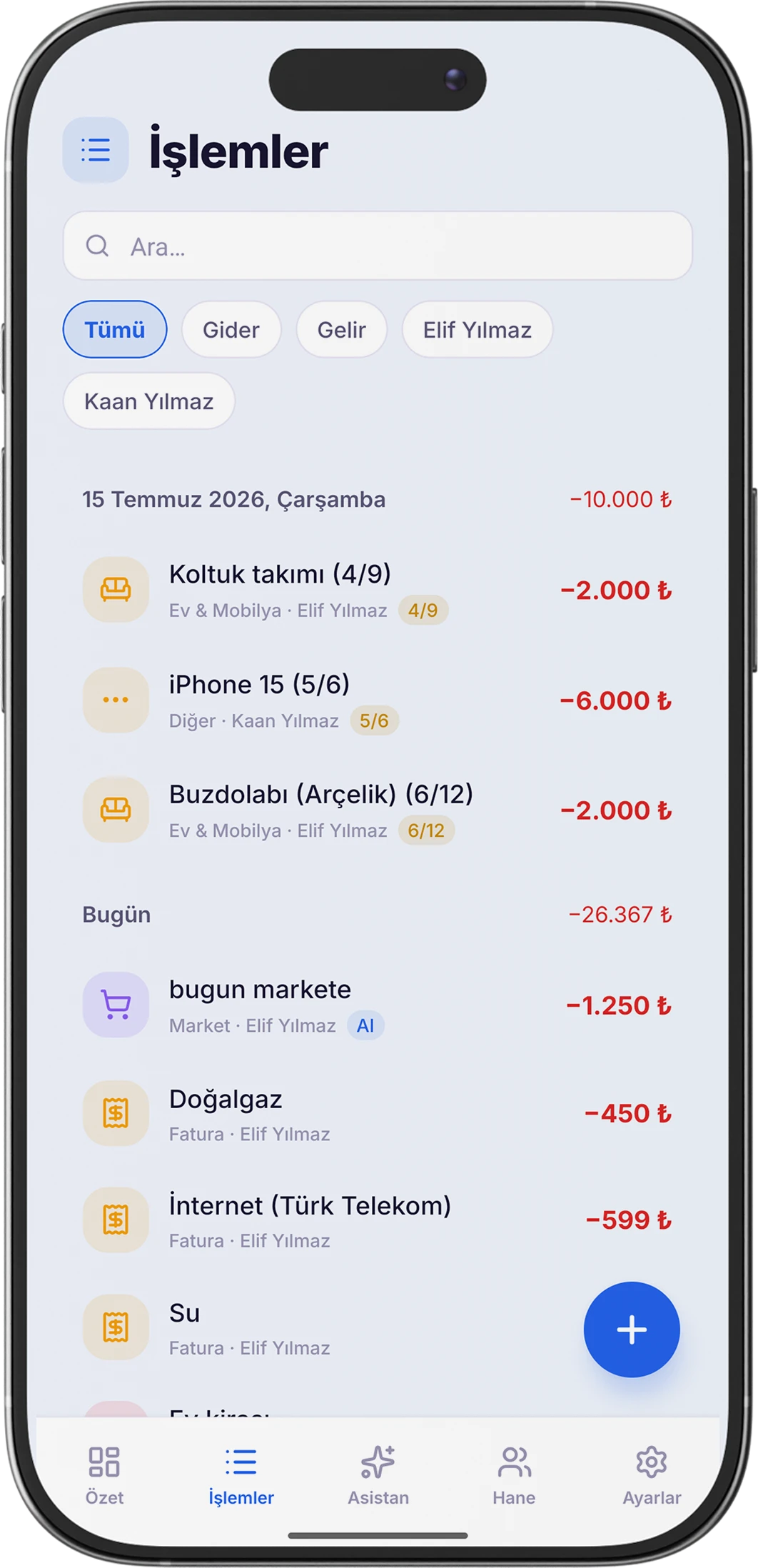 Hano işlemler ekranı — gelir, gider ve taksit listesi
